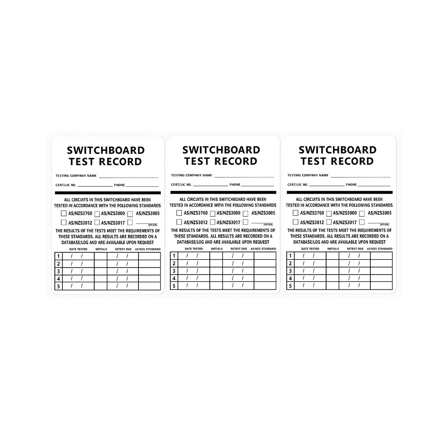 Switchboard Tags 5 tests with retest due (100 pack)